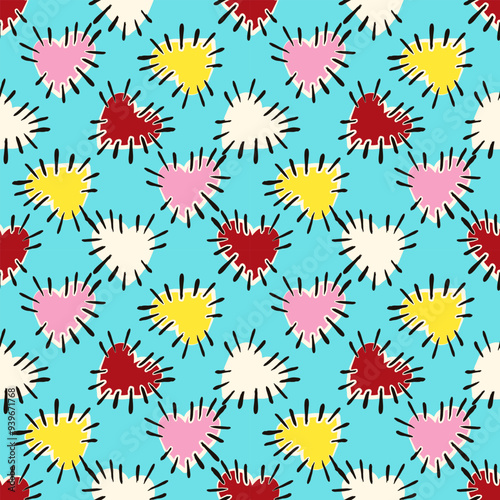 Valentines Day pattern with ugly funky hearts. Groovy cute love characters. Vector illustration in doodle style