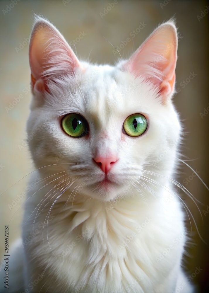 Close-up of a white cat with striking green eyes looking thoughtfully at the viewer. Generative AI Close-up of a white cat with striking green eyes looking thoughtfully at the viewer. Generative AI