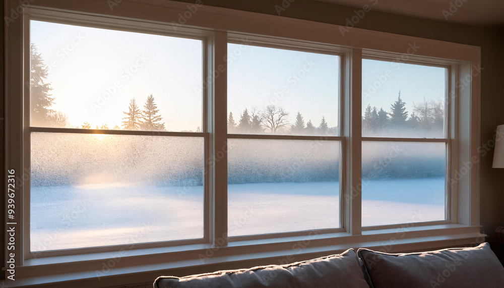 Fototapeta premium Frosted window with a view of a winter sunrise, cozy interior with simple decor.