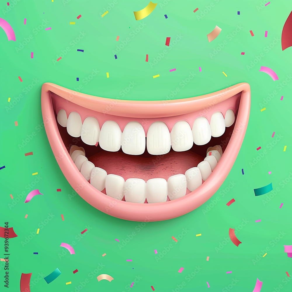 A radiant grin set against a vibrant green background with playful confetti. The beaming smile shines brightly, evoking feelings of celebration and fun. Ideal for spreading joy and positivity. A radiant grin set against a vibrant green background with playful confetti. The beaming smile shines brightly, evoking feelings of celebration and fun. Ideal for spreading joy and positivity.