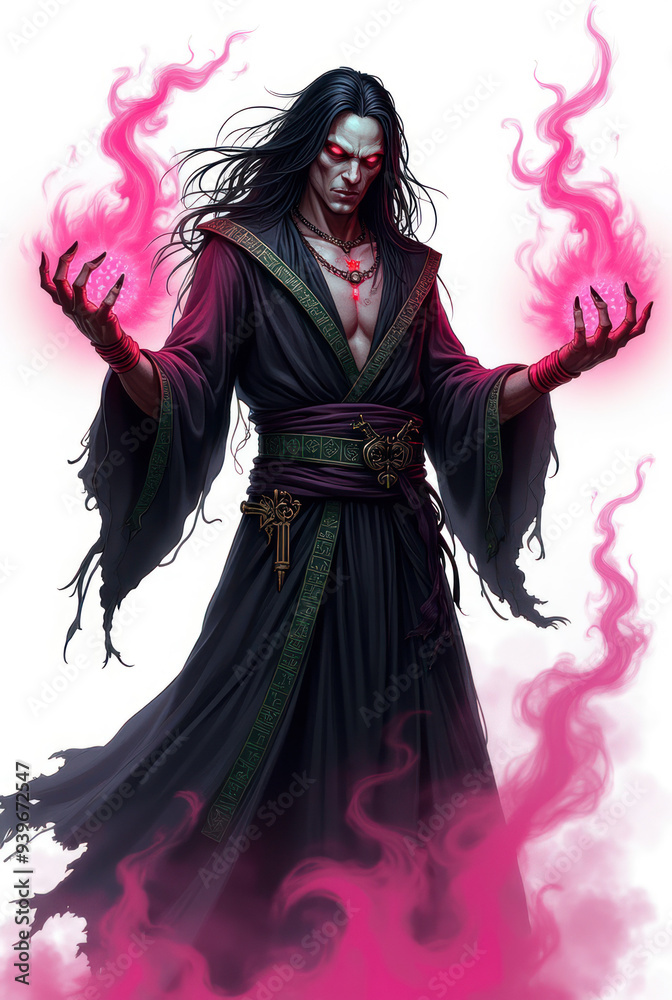 Fototapeta premium Pale Necromancer with Crimson Eyes , dark fantasy aesthetic, high-detail illustration, epic fantasy artwork, character concept art, rich color palette, dark and gritty style.