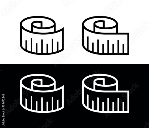 Centimeter (measuring) tape icon. The attribute of a tailor or sewer. Length and width or size measurement symbol.