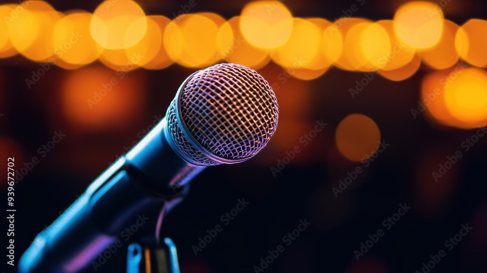 Close-up of a microphone with a soft bokeh background of warm lights, ideal for music, performance, or public speaking concept images. Close-up of a microphone with a soft bokeh background of warm lights, ideal for music, performance, or public speaking concept images.