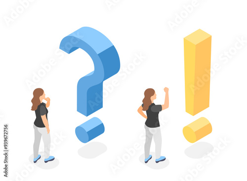 Problem and solution. Woman thinking about solving problems. Joyful girl has idea, creative mind. Isometric exclamation marks, flawless vector concept
