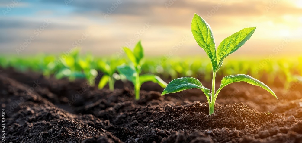 A vibrant seedling emerges from rich soil, symbolizing growth and renewal in a sunlit agricultural field. A vibrant seedling emerges from rich soil, symbolizing growth and renewal in a sunlit agricultural field.
