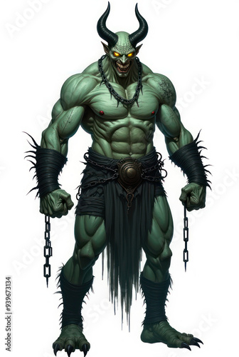 Muscular Demon with Glowing Eyes , dark fantasy aesthetic, high-detail illustration, epic fantasy artwork, character concept art, rich color palette, dark and gritty style.