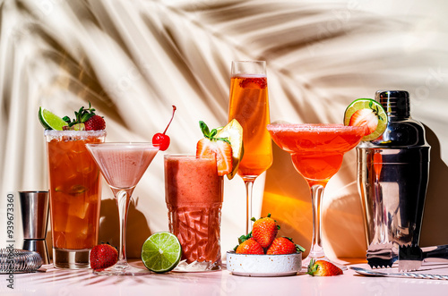 Red strawberry cocktails and mocktails with fruits and berries in glasses.. Beige background, hard light