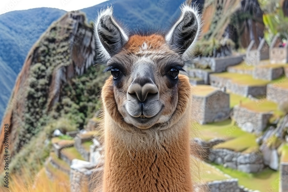 Obraz premium Llama portrait at Machu Picchu with ancient ruins and lush mountain backdrop during daytime