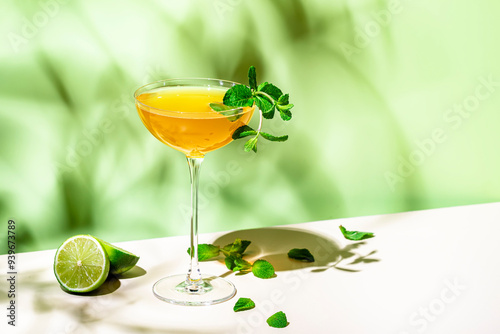 Summer alcoholic cocktail drink with rum, lime juice, dry sparkling wine, syrup, bitter, mint and ice, green background, hard light