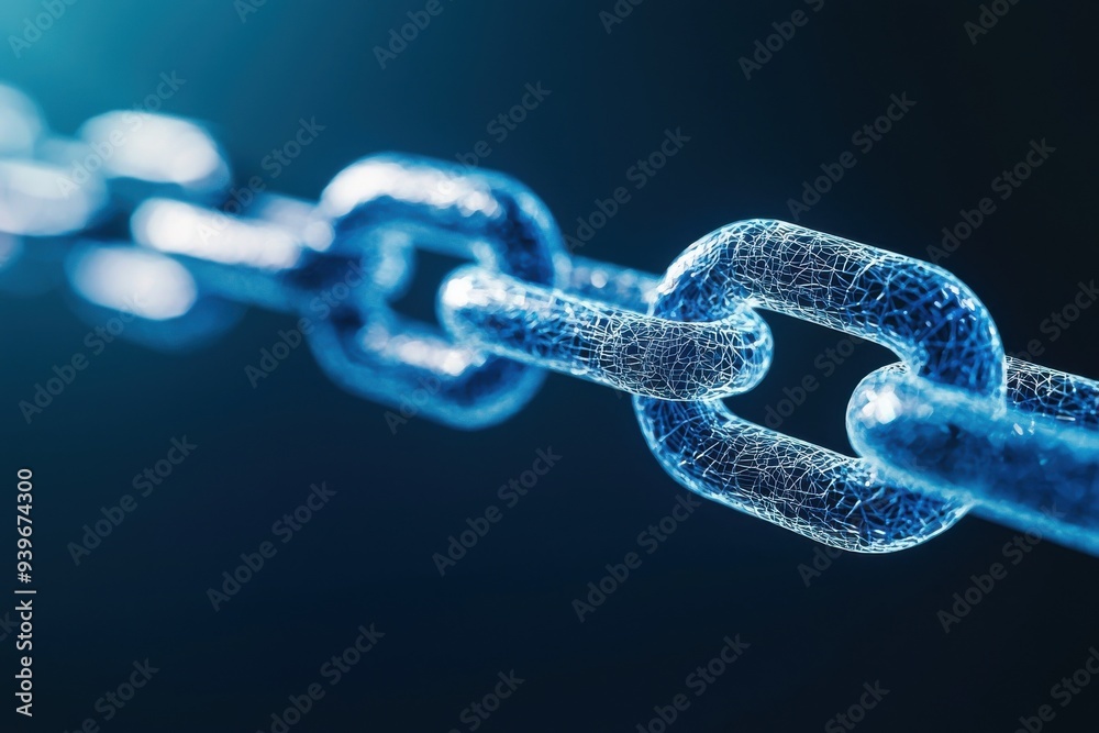 Close-up of a blue metallic chain link, symbolizing strength and connectivity in a modern and abstract style. Close-up of a blue metallic chain link, symbolizing strength and connectivity in a modern and abstract style.