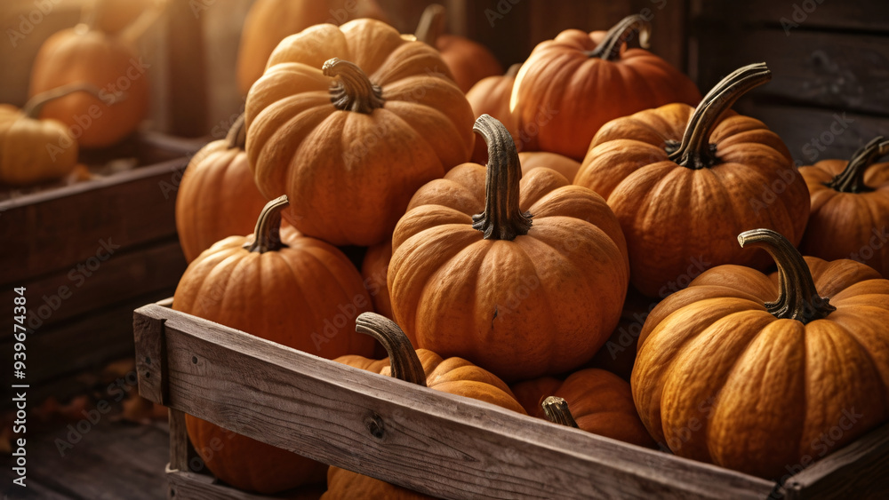 Wooden crates filled with pumpkins, bathed in warm autumn sunlight, symbolizing the harvest season Wooden crates filled with pumpkins, bathed in warm autumn sunlight, symbolizing the harvest season