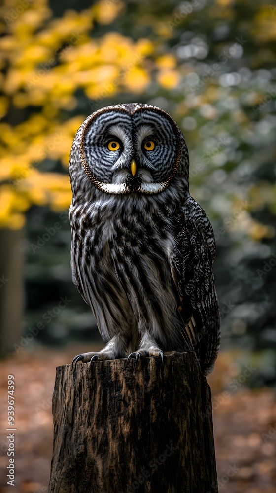 Fototapeta premium Owl, Great Grey Owl in Nature, Photo Realistic, Texture, Pattern, Wallpaper, Cover and Screen for Smartphone, Cell Phone, Computer, Laptop, 9:16 and 16:9 Format