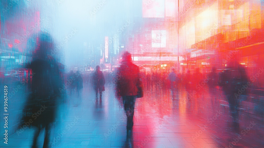 Fototapeta premium Blurred Cityscape with Neon Lights and Rain