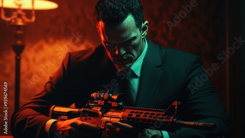 A mafia hitman assembling a rifle in a dimly lit room, photorealistic, hyper-resolution, meticulous preparation for an assassination photo