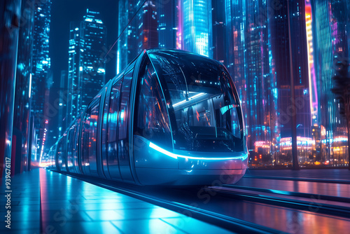 Autonomous Electric Tram in a Neon-Lit Futuristic Cityscape - Modern Urban Transportation photo