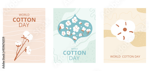 World cotton day banners templates set. Ripe cotton bolls emblems cards. Purity, innocence, and new beginnings symbols. Vector illustration.