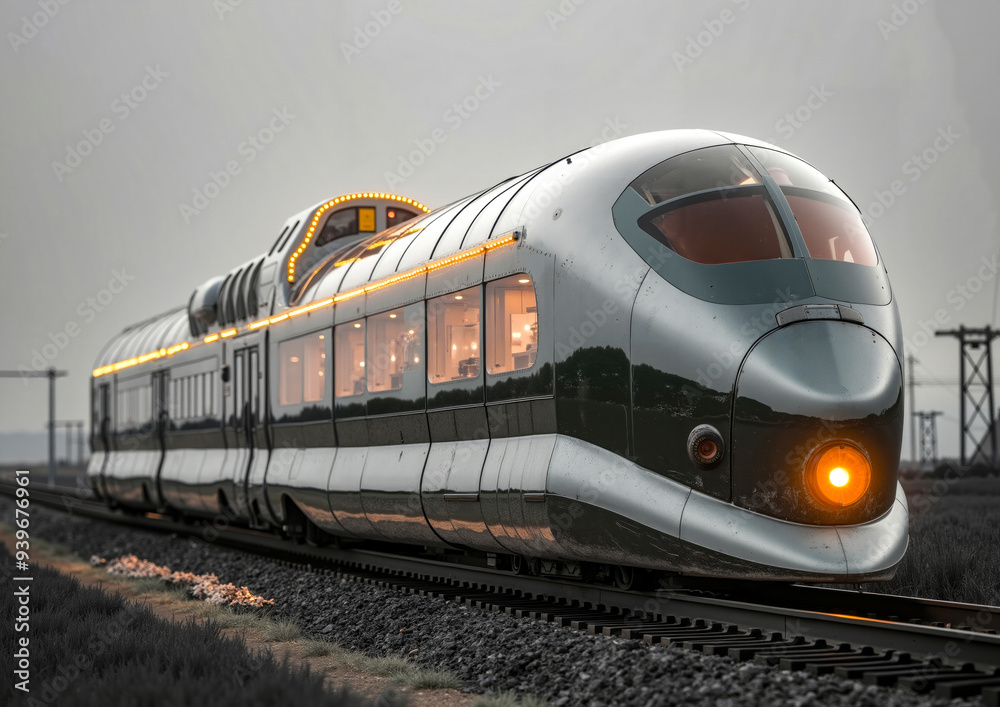 Naklejka premium A silver and black train traveling down train tracks