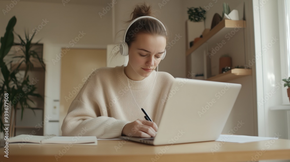 Focused young woman wearing glasses and headphones, taking notes while studying online with a laptop in a cozy home environment. Focused young woman wearing glasses and headphones, taking notes while studying online with a laptop in a cozy home environment.