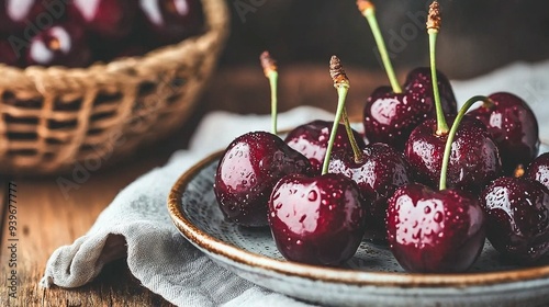   A close-up of cherries on a plate, against a backdrop of a cherry basket