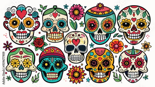 Hand drawn flat die de Muertos landscape skulls collection, Decorated Mexican skulls. Vector illustration.