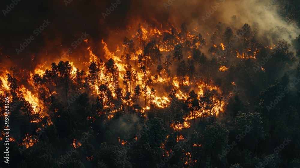 Aerial view of a forest engulfed in flames, highlighting the severity of wildfires. Aerial view of a forest engulfed in flames, highlighting the severity of wildfires.