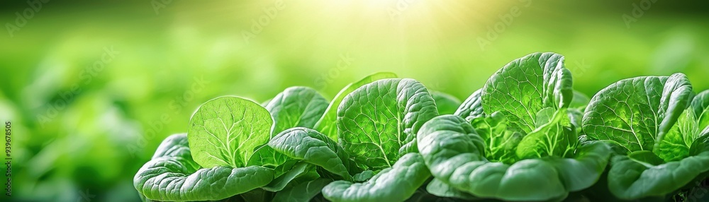 Obraz premium Lush green lettuce thrives in a vibrant field, symbolizing freshness and vitality in nature's bounty.