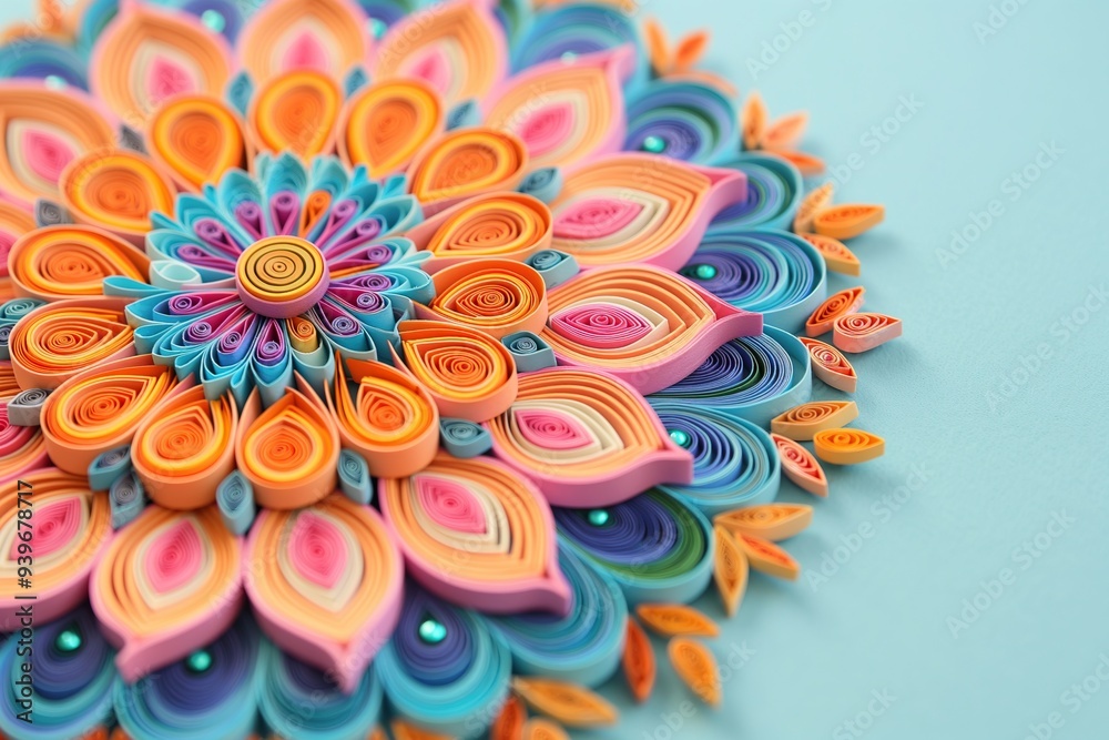 Photo Art Print Paper mandala in quilling technique on a blue background top view MadMouse