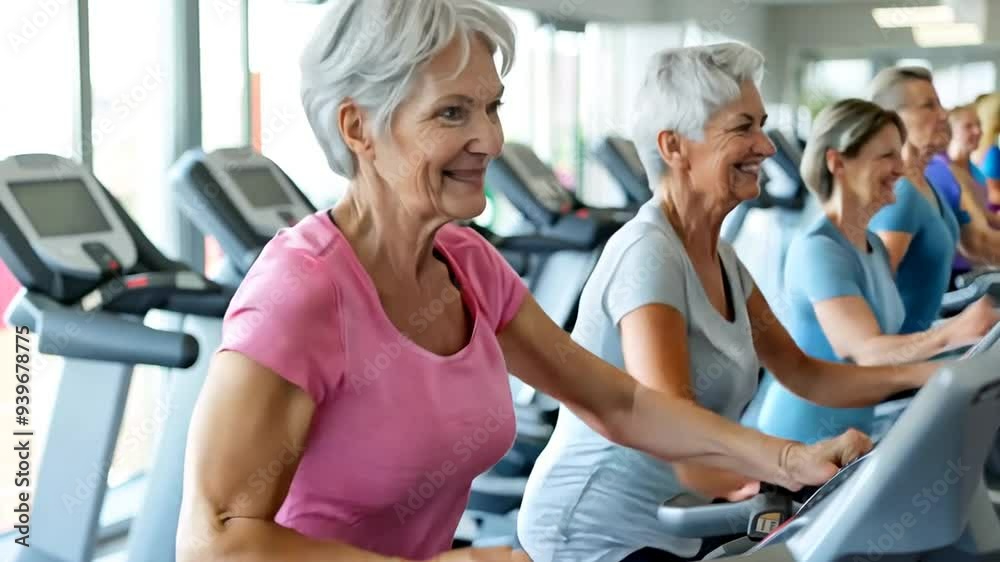 Older adults exercising on treadmills in a bright gym during daytime Older adults exercising on treadmills in a bright gym during daytime