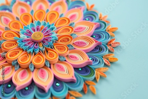 Paper mandala in quilling technique on a blue background, top view. Round openwork design