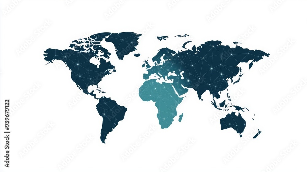 Fototapeta premium Simplified world map, futuristic networks, philosophical connections, flat design illustration