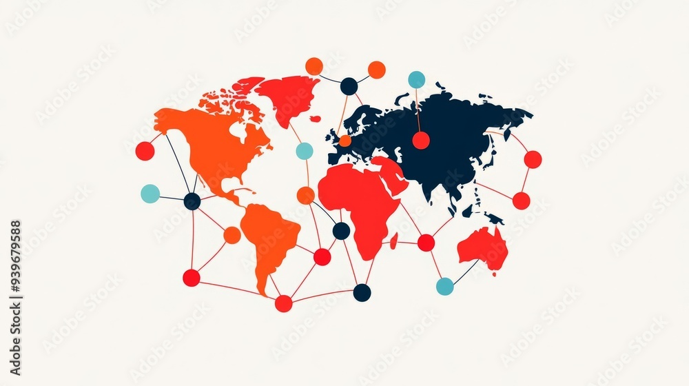 Fototapeta premium Abstract synergy, connected world symbols, minimal global network, flat design illustration