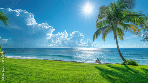 illustration of the view tropical landscape with palm trees bright blue sky background 