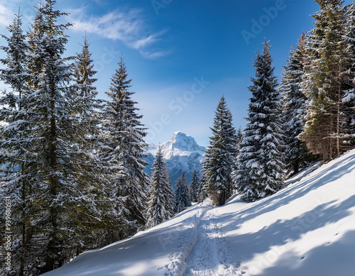 Piste de ski sauvage enneigée en hiver dans une forêt de sapin sous un ciel bleu photo