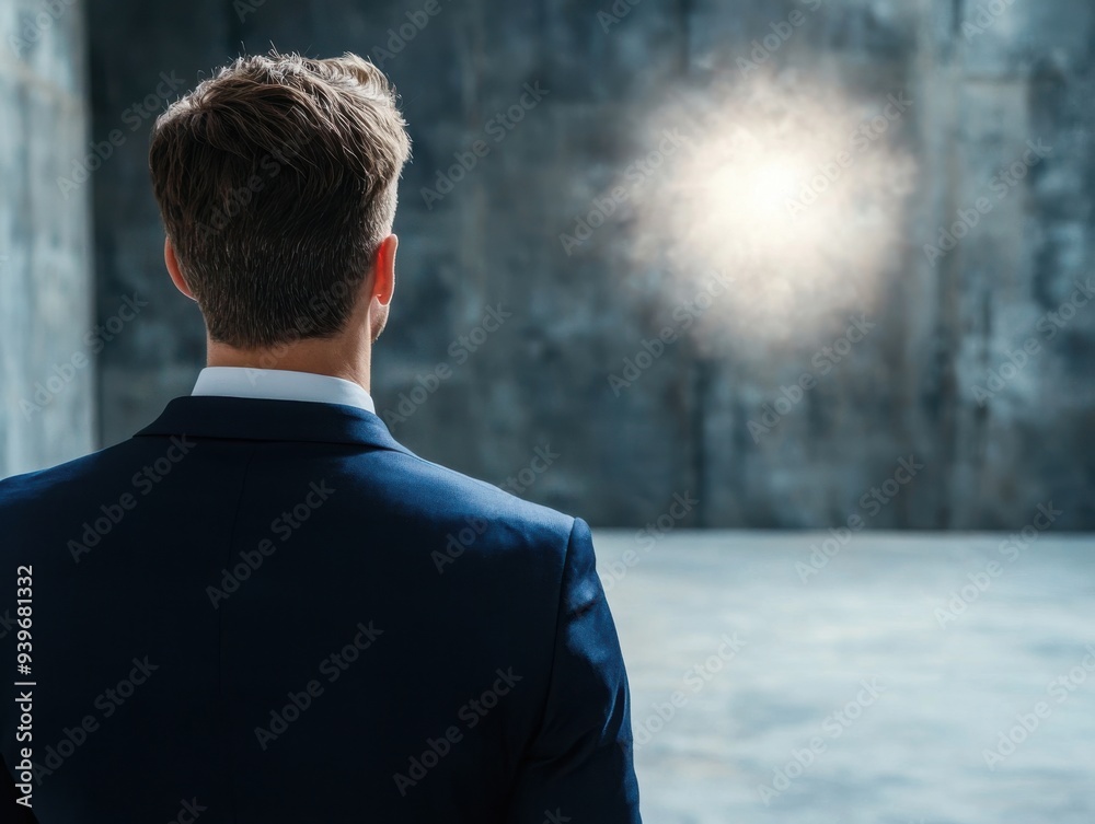 A businessman stands in a spacious, industrial setting, gazing at a glowing light, symbolizing hope and opportunity for success. A businessman stands in a spacious, industrial setting, gazing at a glowing light, symbolizing hope and opportunity for success.