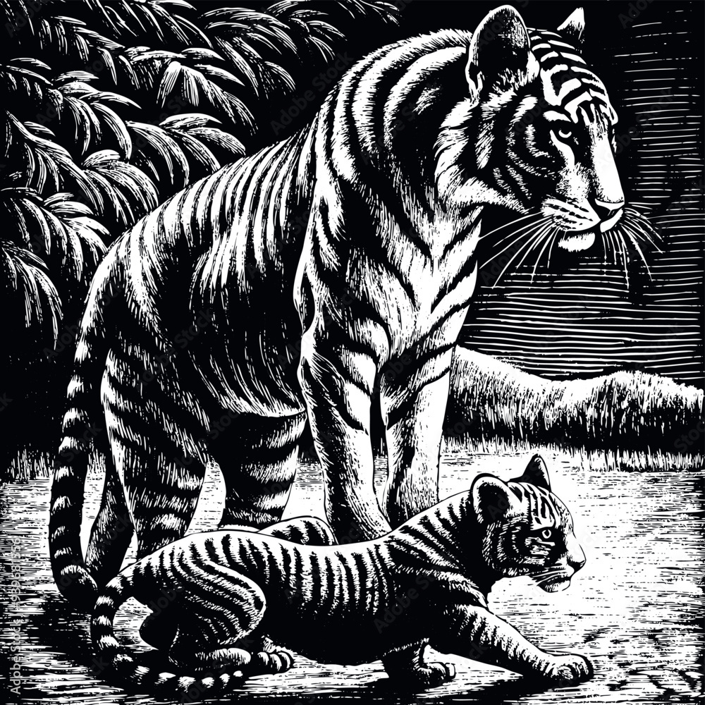 Tiger with cub engraved vector