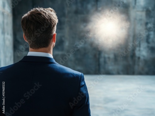 A businessman stands in a spacious, industrial setting, gazing at a glowing light, symbolizing hope and opportunity for success.