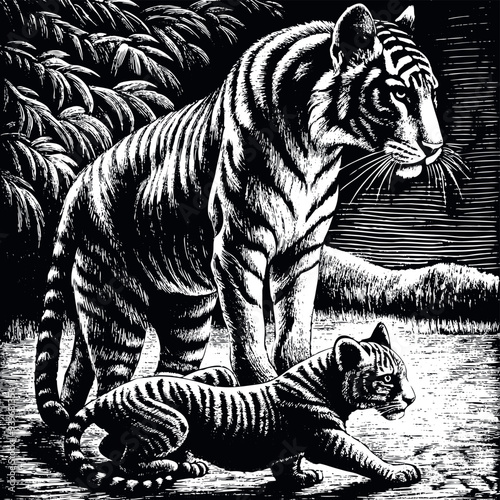 Obraz na płótnie Tiger with cub engraved vector w salonie