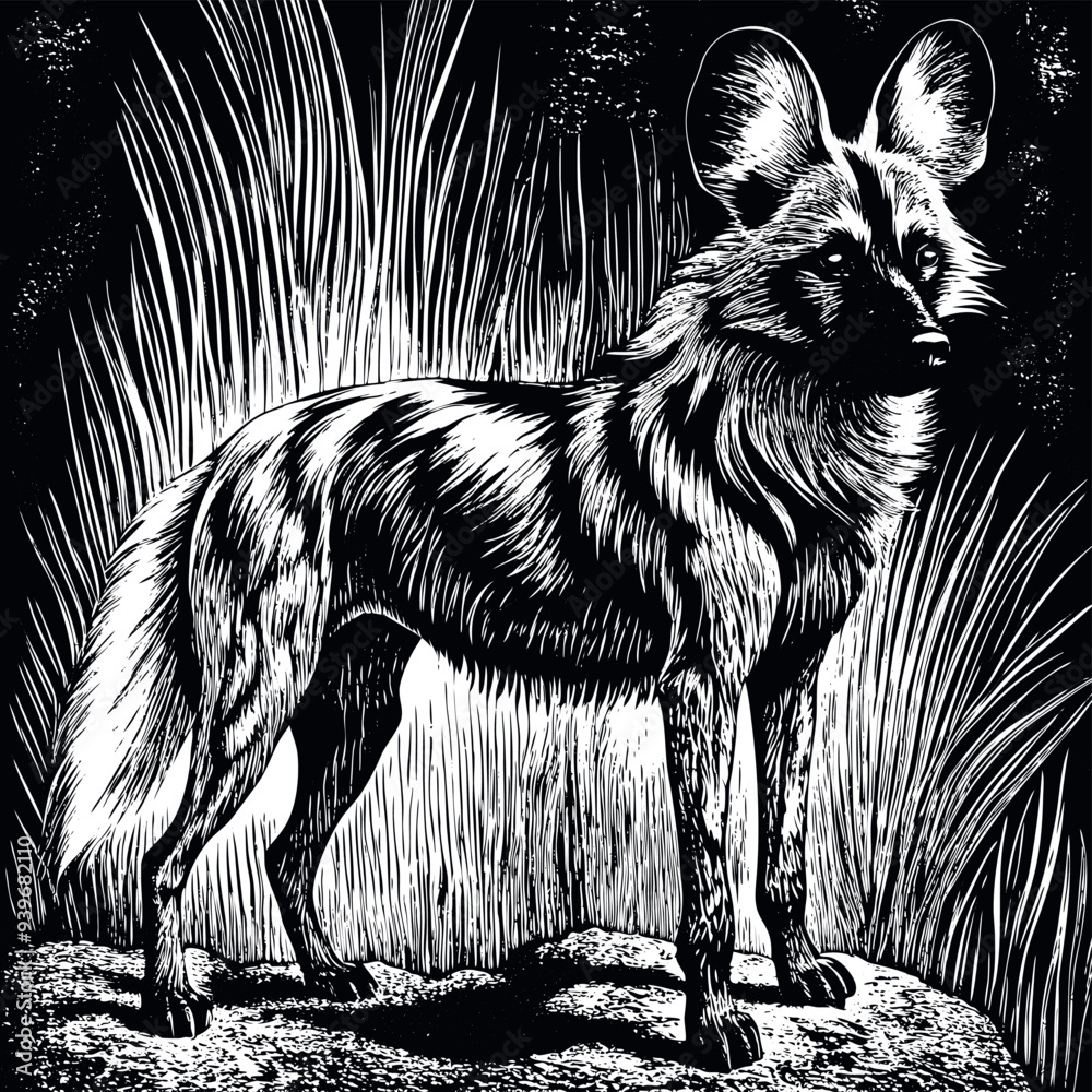 african wild dog engraved vector