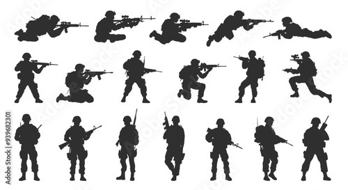 Black silhouette of military soldiers set with gun. Standing aiming the goal holding weapon walking lies on the ground. Special forces. Army people in full gear. Flat cartoon style isolated vector