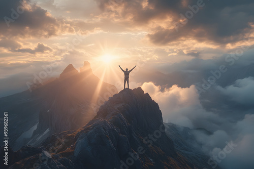 Man standing on the top of a mountain with his arms out, Solitary goals and achievements, peace and happiness, success concept