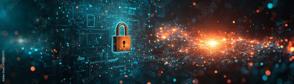 Fototapeta premium A digital lock symbolically protecting a cluster of cloud servers