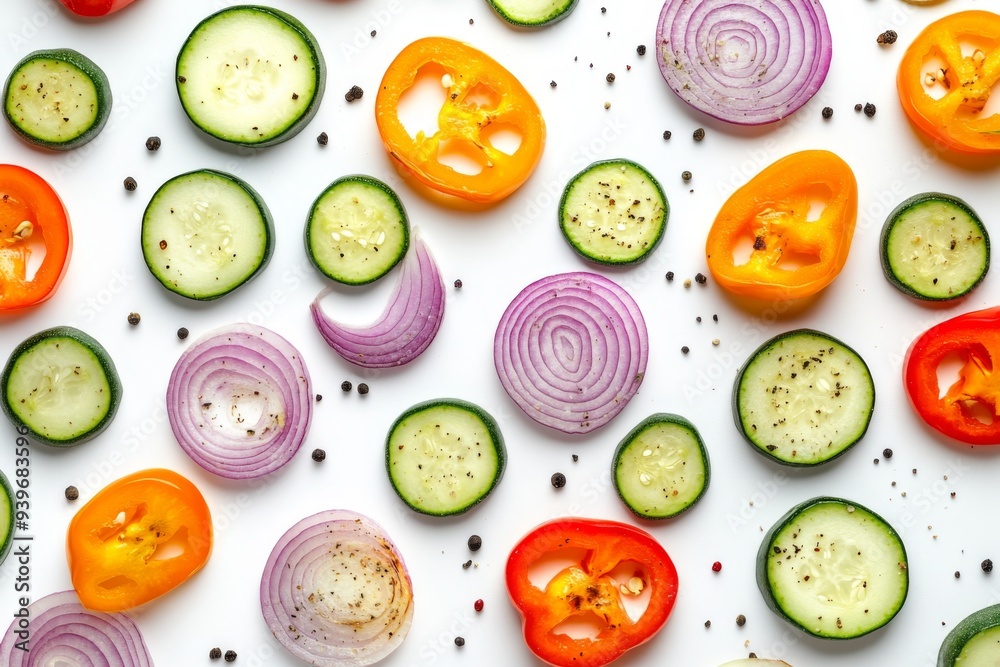 a jumble of colorful, slightly charred vegetable slices, including zucchini, bell peppers, and onions, scattered across a pristine white background a jumble of colorful, slightly charred vegetable slices, including zucchini, bell peppers, and onions, scattered across a pristine white background