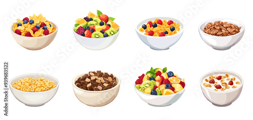 Breakfast in a white bowl. Fresh summer ripe fruits salad chocolate cornflakes with milk. Strawberries, bananas blueberries. Healthy organic fit food. Cartoon style isolated vector clipart collection