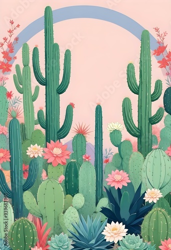 Various types of cactus and plants, some of them  flowering, arranged on a monochrome pastel background photo