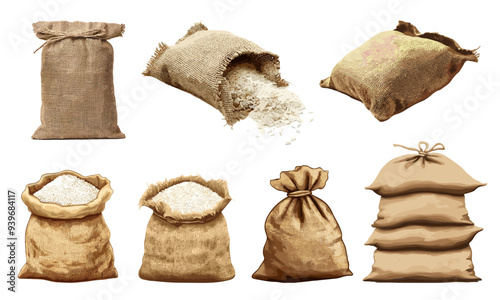 Burlap brown sack of rice set. Closed and opened. Laying on top of each other on its side with rice spilling out. Big textile bagging bags for farm grain products. Cartoon style isolated vector