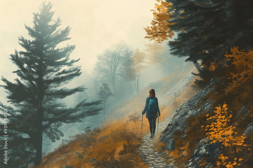 a misty autumn morning, a woman hikes up a mountain trail, her footsteps quiet on the damp earth, surrounded by towering trees illustration a misty autumn morning, a woman hikes up a mountain trail, her footsteps quiet on the damp earth, surrounded by towering trees illustration