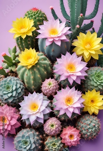 Various types of cactus and plants, some of them flowering, arranged on a monochrome pastel background