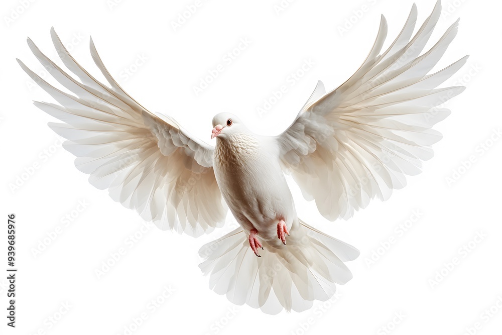 Obraz premium White Pigeon Flying on White Background, Photo Realistic, Texture, Pattern, Wallpaper, Cover and Screen of Smartphone, Cell Phone, Computer, Laptop, 9:16 and 16:9 Format