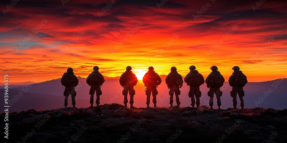 A breathtaking sunset over rugged terrain serves as a stunning backdrop for a line of silhouetted soldiers standing in formation, highlighting the serene yet poignant contrast between nature and duty