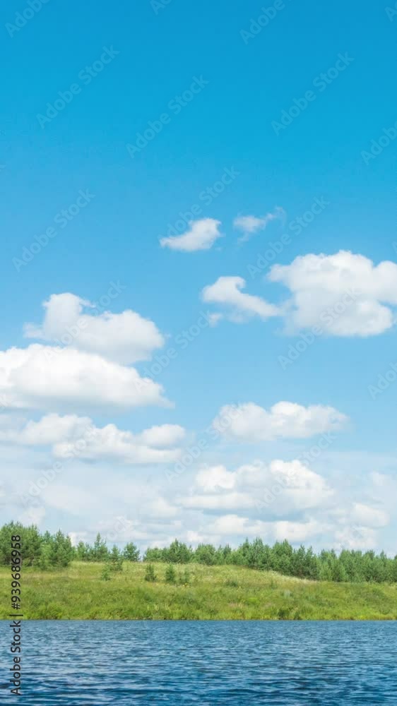 Lake view from the shore with trees, horizon and cloudy sky - time-lapse. Vertical video Lake view from the shore with trees, horizon and cloudy sky - time-lapse. Vertical video